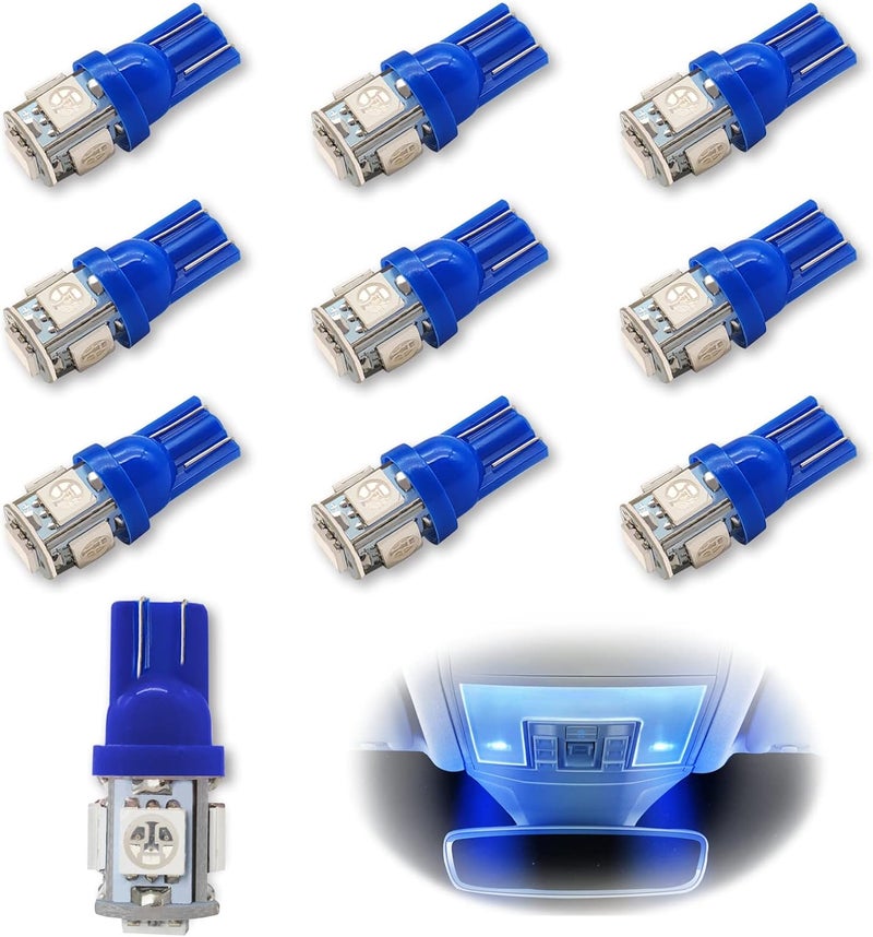 RBOKO 10PCS 194 LED Light Bulb 6000K Wedge T10 LED Bulb 5SMD 5050 Chips, 168 T10 2825 5SMD DC 12V Replacement Bulbs for Car Dome Map Door Courtesy License Plate Lights (Blue) - Image 1